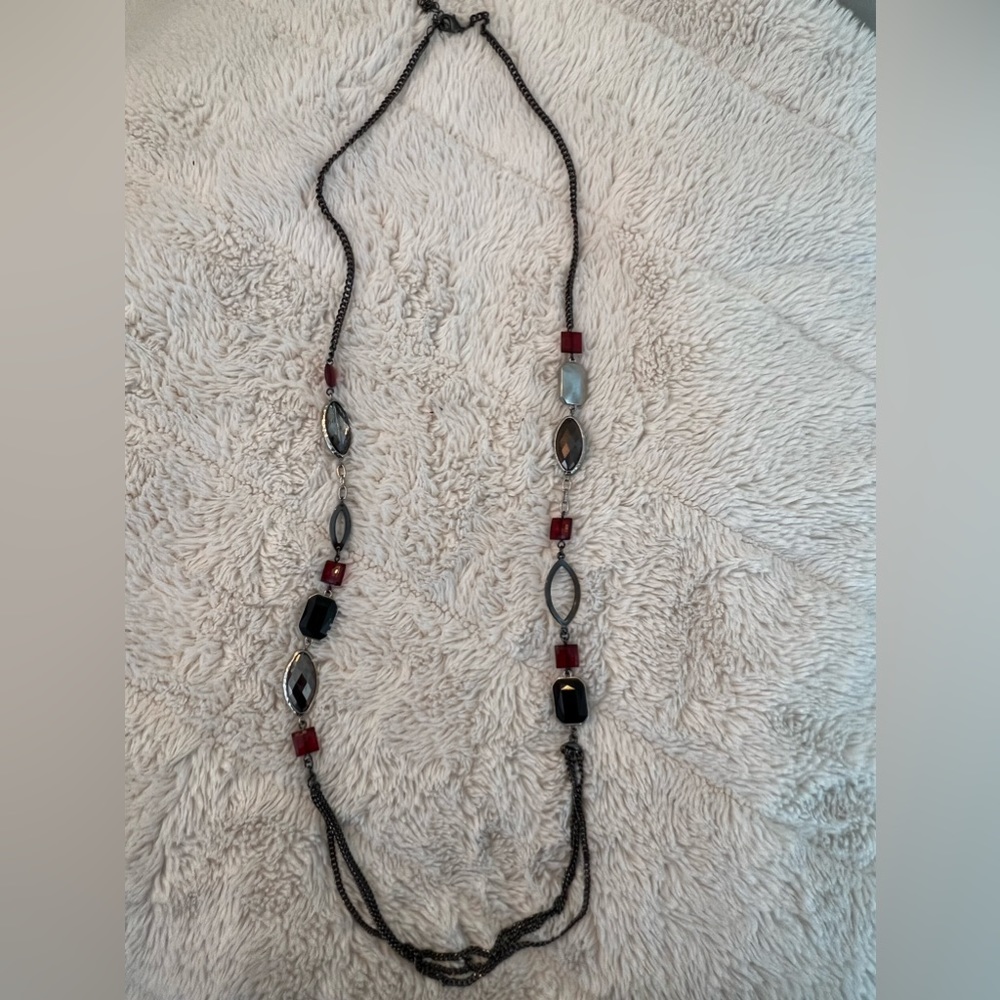 Long Red, Black, and Silver Necklace
